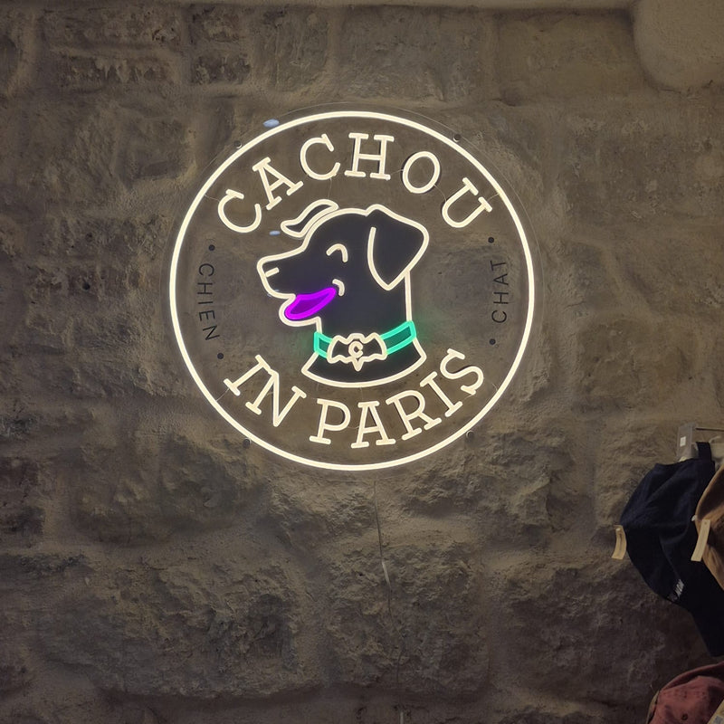Enseigne LED néon Lumicorne : CACHOU IN PARIS Enseigne lumineuse, blanc, néon LED flex, 70cm