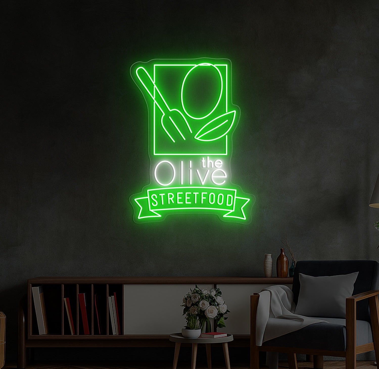 Enseigne LED Néon Personnalisée The Olive Street Food