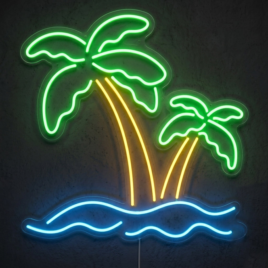 Enseigne néon LED PALM TREES — motif nature, fabriquée sur-mesure par Lumicorne