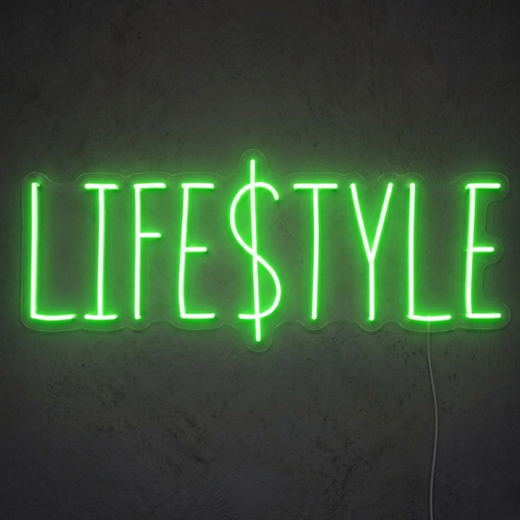Enseigne néon LED LIFESTYLE — décoration sur le thème money, fabriquée sur-mesure par Lumicorne
