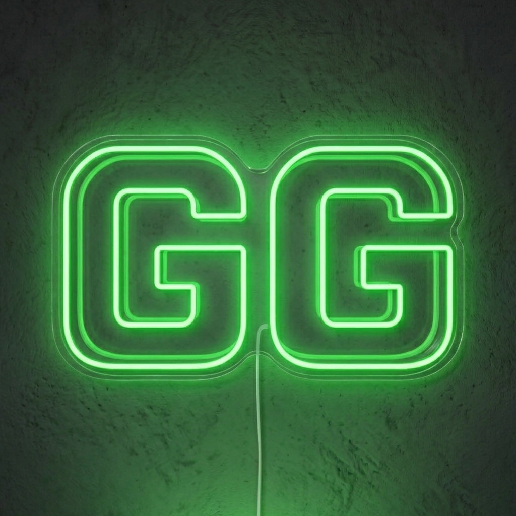 Enseigne néon LED GG — décoration gaming et setup, fabriquée sur-mesure par Lumicorne