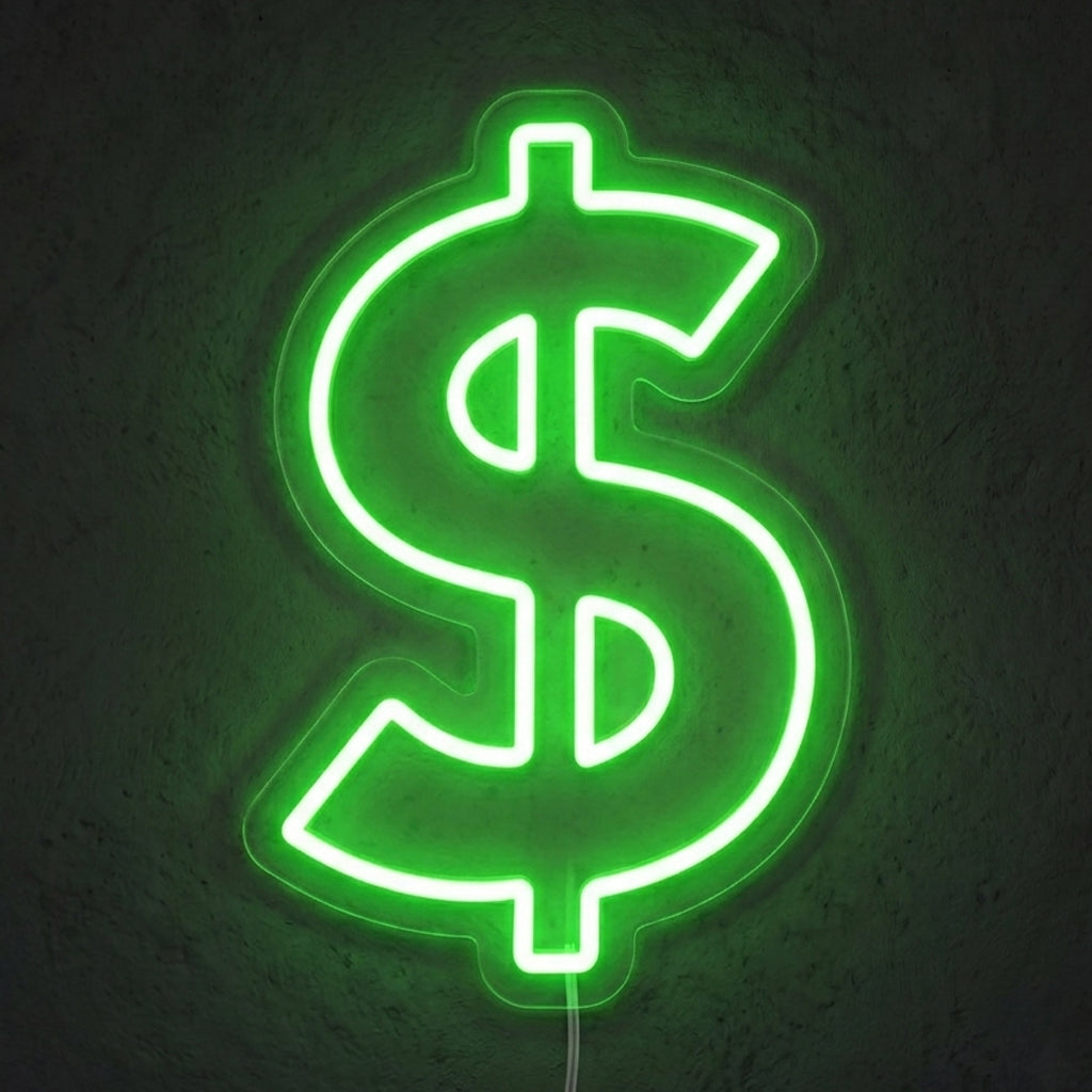 Enseigne néon LED DOLLAR — décoration sur le thème money, fabriquée sur-mesure par Lumicorne