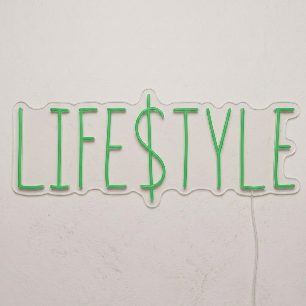 Enseigne néon LED LIFESTYLE — décoration sur le thème money, fabriquée sur-mesure par Lumicorne (vue 2)