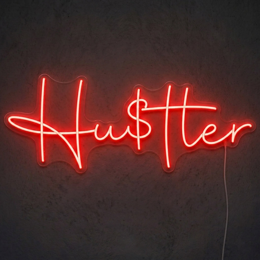 Enseigne néon LED HUSTLE — décoration sur le thème money, fabriquée sur-mesure par Lumicorne