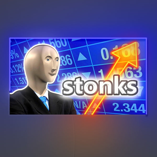 Enseigne néon LED STONKS — décoration gaming et pop culture, fabriquée sur-mesure par Lumicorne